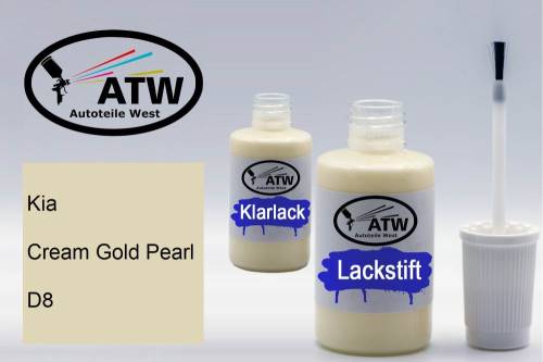 Kia, Cream Gold Pearl, D8: 20ml Lackstift + 20ml Klarlack - Set, von ATW Autoteile West.